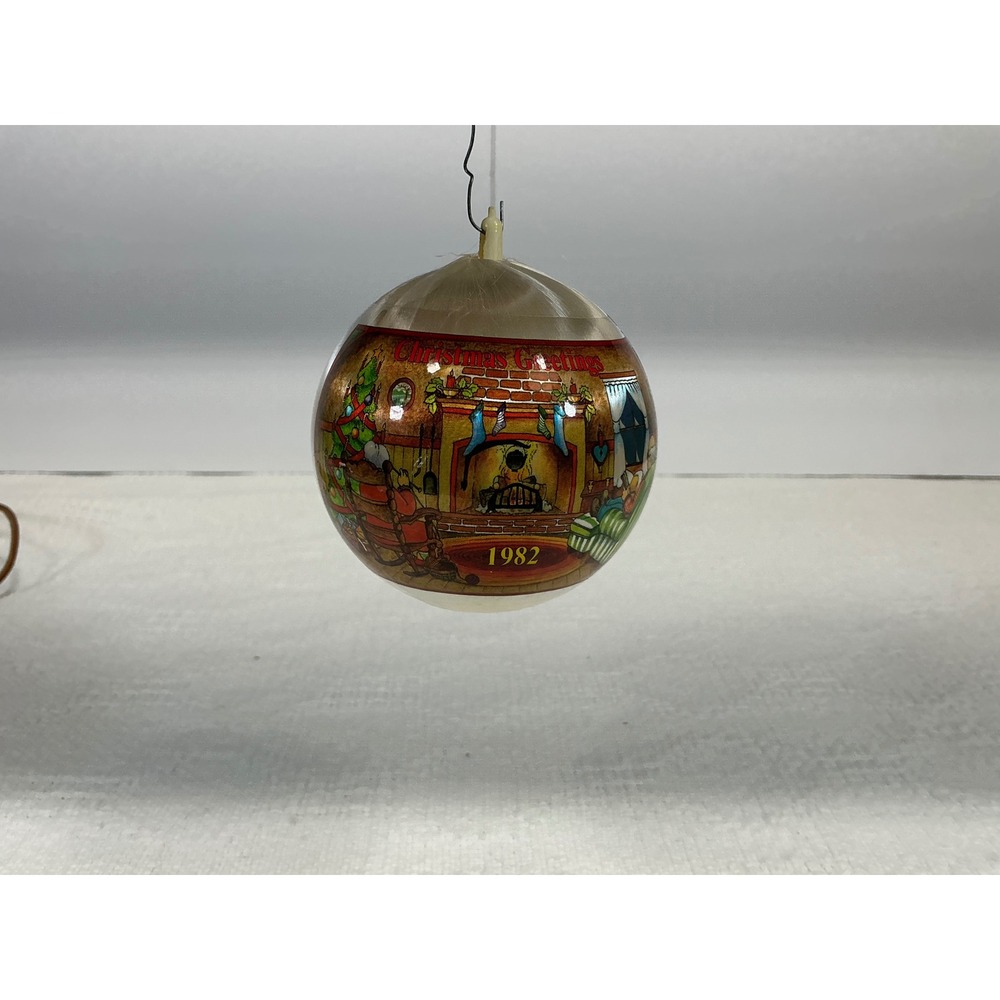 Vintage Christmas Greetings 1982 Satin Ball Ornament Fireplace Scene Cream Multi
